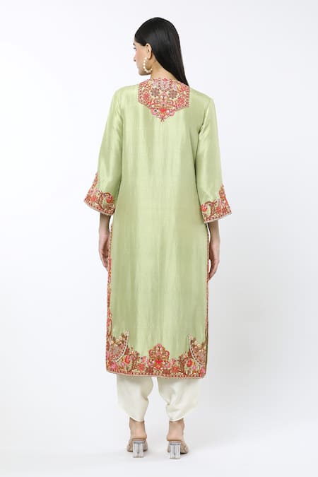 Shop_Debyani + CO_Green Silk Embroidery Round Neck Floral Kurta Salwar Set _at_Aza_Fashions