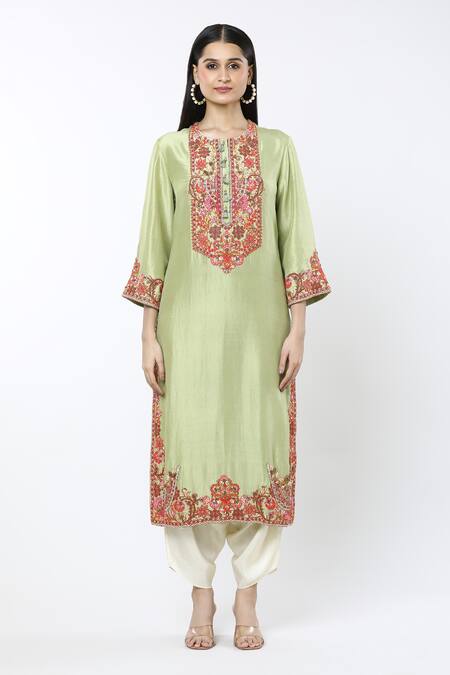 Debyani + CO_Green Silk Embroidery Round Neck Floral Kurta Salwar Set _Online_at_Aza_Fashions