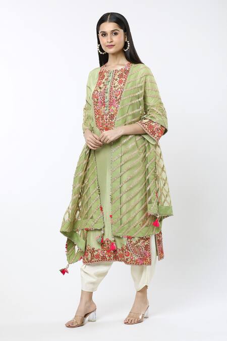 Buy_Debyani + CO_Green Silk Embroidery Round Neck Floral Kurta Salwar Set _Online_at_Aza_Fashions