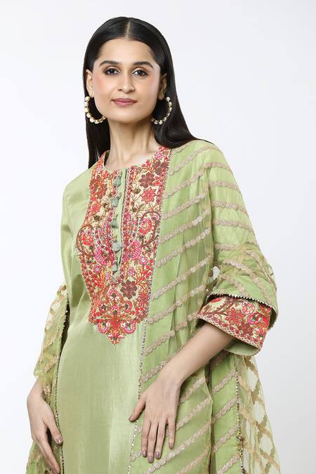 Shop_Debyani + CO_Green Silk Embroidery Round Neck Floral Kurta Salwar Set _Online_at_Aza_Fashions