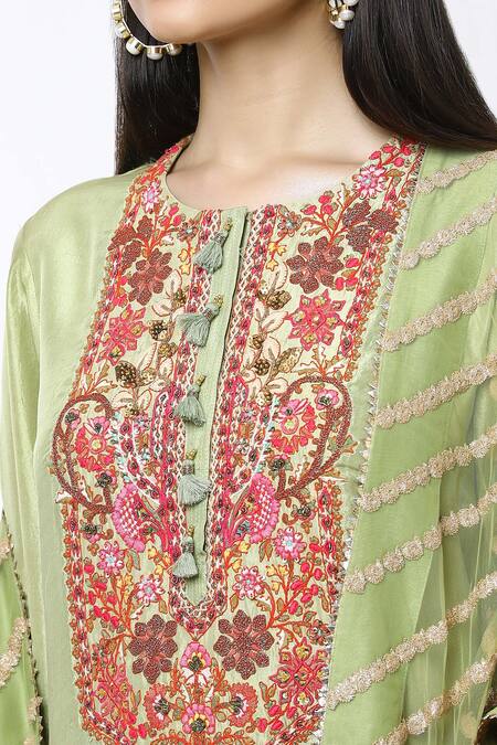 Debyani + CO_Green Silk Embroidery Round Neck Floral Kurta Salwar Set _at_Aza_Fashions