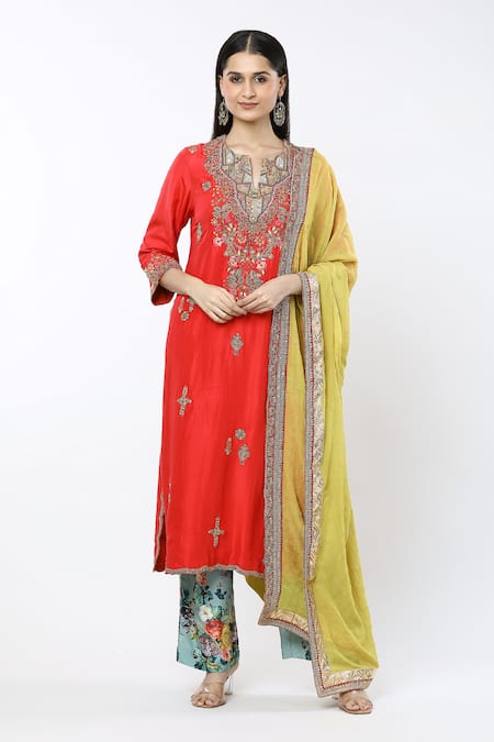 Debyani + Co Red Printed Floral Notched Embroidered Straight Kurta Pant Set 