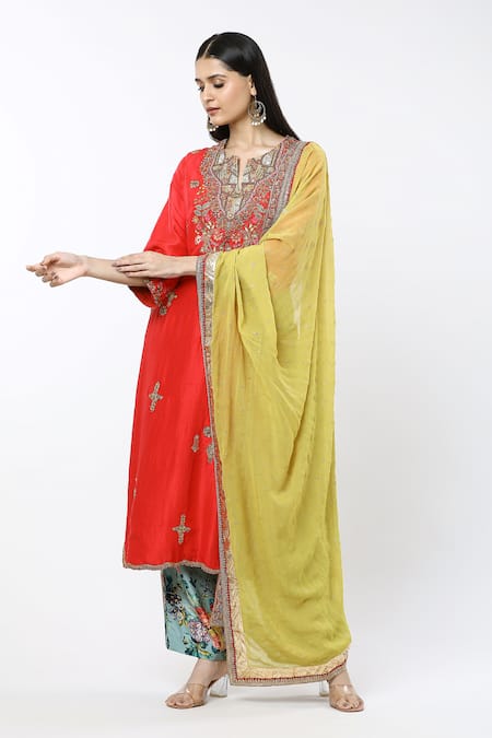Debyani + CO_Red Cotton, Chiffon Embroidery Split V-neck Floral Straight Kurta Pant Set _Online_at_Aza_Fashions