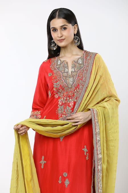 Shop_Debyani + CO_Red Cotton, Chiffon Embroidery Split V-neck Floral Straight Kurta Pant Set _Online_at_Aza_Fashions