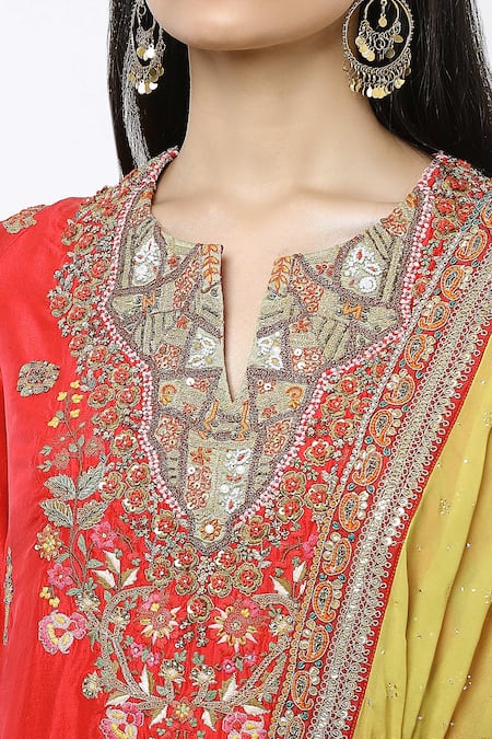 Debyani + CO_Red Cotton, Chiffon Embroidery Split V-neck Floral Straight Kurta Pant Set _at_Aza_Fashions