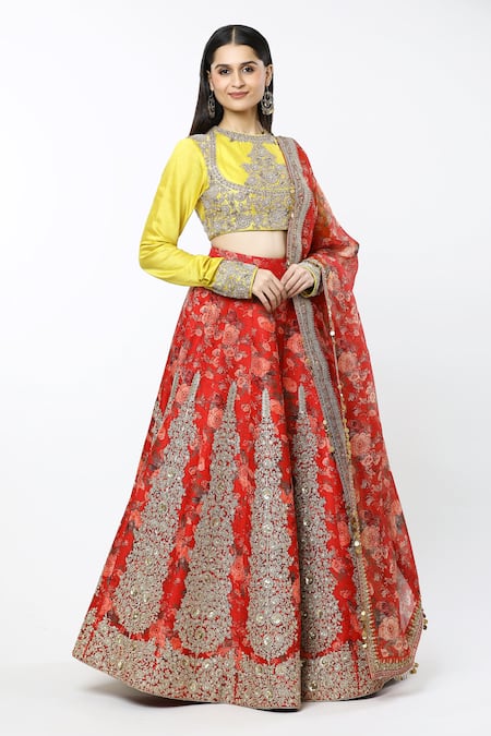 Debyani + Co Red Printed Floral Closed Round Embroidered Lehenga Blouse Set 