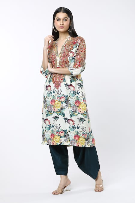 Debyani + CO Ivory Silk Embroidery V-neck Floral Print Kaftan And Dhoti Pant Set