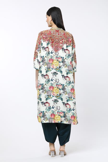 Shop Debyani + CO Ivory Silk Embroidery V-neck Floral Print Kaftan And Dhoti Pant Set at Aza Fashions Shop_Debyani + CO_Ivory Silk Embroidery V-neck Floral Print Kaftan And Dhoti Pant Set _at_Aza_Fashions