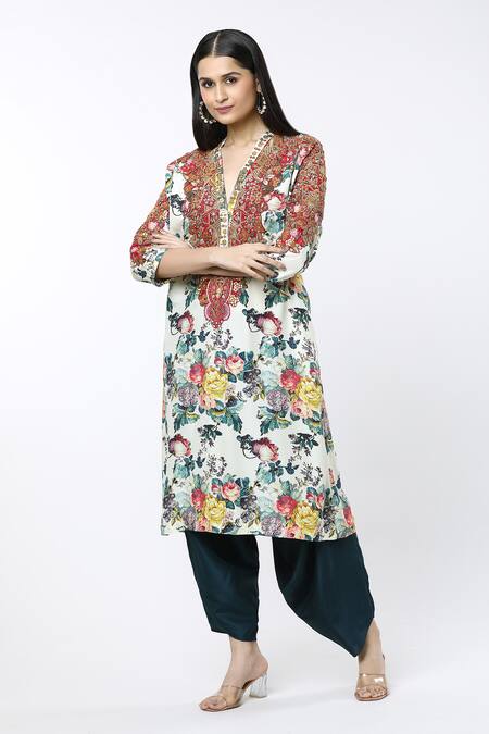 Debyani + CO Ivory Silk Embroidery V-neck Floral Print Kaftan And Dhoti Pant Set Online at Aza Fashions Debyani + CO_Ivory Silk Embroidery V-neck Floral Print Kaftan And Dhoti Pant Set _Online_at_Aza_Fashions