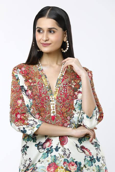 Buy Debyani + CO Ivory Silk Embroidery V-neck Floral Print Kaftan And Dhoti Pant Set Online at Aza Fashions Buy_Debyani + CO_Ivory Silk Embroidery V-neck Floral Print Kaftan And Dhoti Pant Set _Online_at_Aza_Fashions