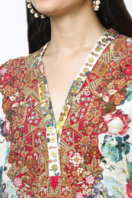 Shop Debyani + CO Ivory Silk Embroidery V-neck Floral Print Kaftan And Dhoti Pant Set Online at Aza Fashions Shop_Debyani + CO_Ivory Silk Embroidery V-neck Floral Print Kaftan And Dhoti Pant Set _Online_at_Aza_Fashions