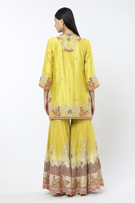 Shop Debyani + CO Yellow Silk Embroidery Round Neck Shaded Sharara Set at Aza Fashions Shop_Debyani + CO_Yellow Silk Embroidery Round Neck Shaded Sharara Set _at_Aza_Fashions