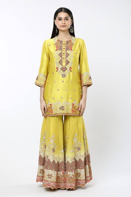 Debyani + CO Yellow Silk Embroidery Round Neck Shaded Sharara Set Online at Aza Fashions Debyani + CO_Yellow Silk Embroidery Round Neck Shaded Sharara Set _Online_at_Aza_Fashions