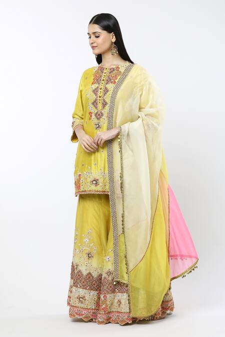 Buy Debyani + CO Yellow Silk Embroidery Round Neck Shaded Sharara Set Online at Aza Fashions Buy_Debyani + CO_Yellow Silk Embroidery Round Neck Shaded Sharara Set _Online_at_Aza_Fashions