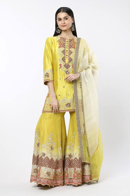 Shop Debyani + CO Yellow Silk Embroidery Round Neck Shaded Sharara Set Online at Aza Fashions Shop_Debyani + CO_Yellow Silk Embroidery Round Neck Shaded Sharara Set _Online_at_Aza_Fashions
