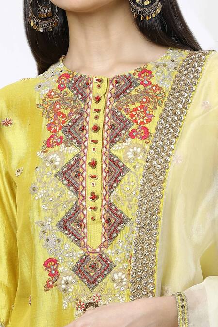 Debyani + CO Yellow Silk Embroidery Round Neck Shaded Sharara Set at Aza Fashions Debyani + CO_Yellow Silk Embroidery Round Neck Shaded Sharara Set _at_Aza_Fashions