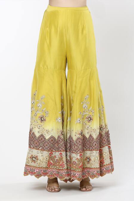 Buy Debyani + CO Yellow Silk Embroidery Round Neck Shaded Sharara Set Buy_Debyani + CO_Yellow Silk Embroidery Round Neck Shaded Sharara Set