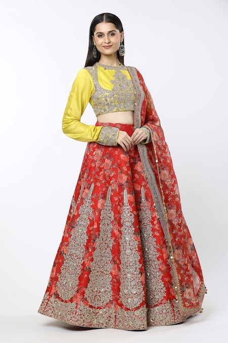 Debyani + Co Red Printed Floral Closed Round Chota Gulab Organza Lehenga Set 