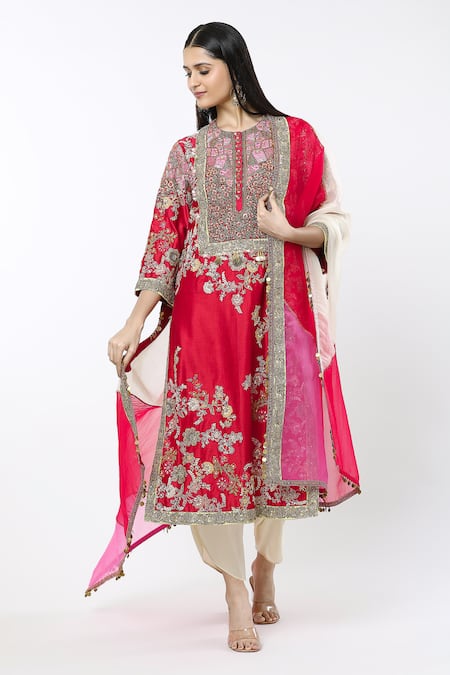 Debyani + Co Red Embroidered Floral Round Straight Kurta Set 