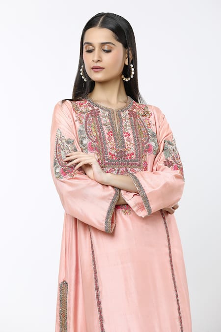 Debyani + CO_Pink Silk Embroidery Split V-neck Floral Kurta With Salwar _at_Aza_Fashions