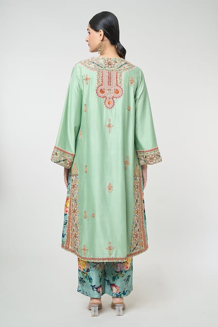 Shop Debyani + CO Green Cotton, Polyester, Chiffon Embroidery Split Geometric Choga Kurta Set at Aza Fashions Shop_Debyani + CO_Green Cotton, Polyester, Chiffon Embroidery Split Geometric Choga Kurta Set _at_Aza_Fashions