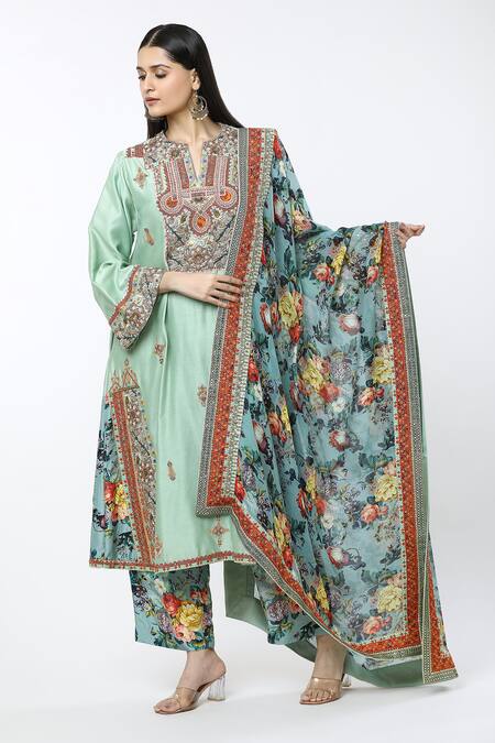 Buy Debyani + CO Green Cotton, Polyester, Chiffon Embroidery Split Geometric Choga Kurta Set Online at Aza Fashions Buy_Debyani + CO_Green Cotton, Polyester, Chiffon Embroidery Split Geometric Choga Kurta Set _Online_at_Aza_Fashions