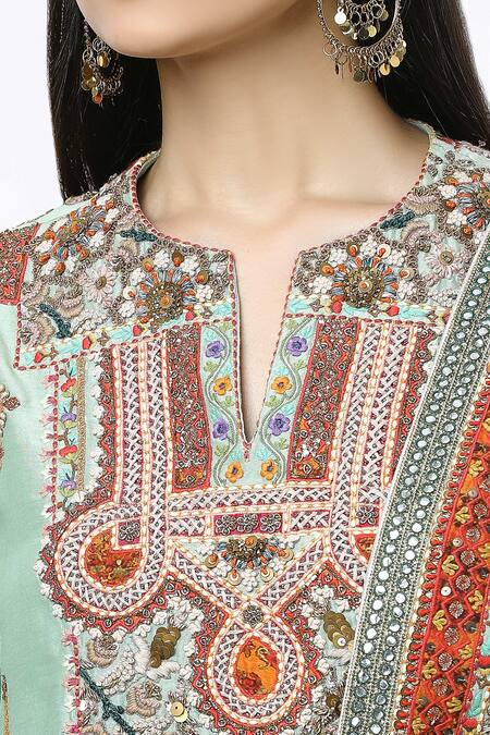 Debyani + CO Green Cotton, Polyester, Chiffon Embroidery Split Geometric Choga Kurta Set at Aza Fashions Debyani + CO_Green Cotton, Polyester, Chiffon Embroidery Split Geometric Choga Kurta Set _at_Aza_Fashions