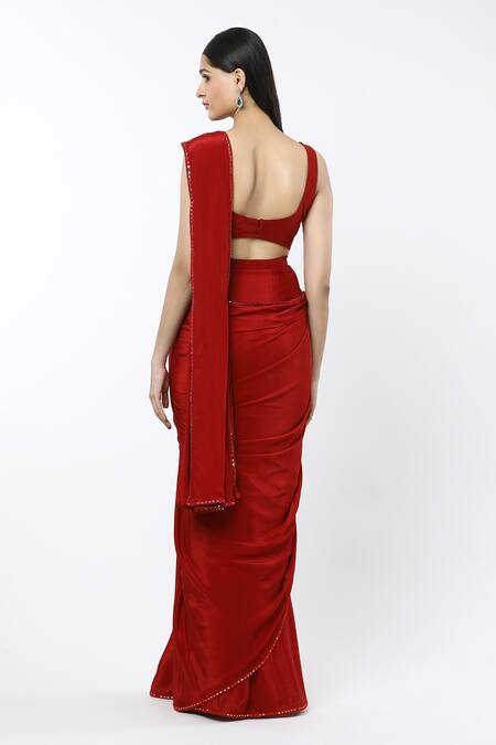 Mishru_Red Crepe, Tulle Mirrors, Embroidery Sea Coral Saree Set With Samantha Jacket _Online_at_Aza_Fashions