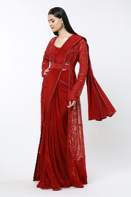 Buy_Mishru_Red Crepe, Tulle Mirrors, Embroidery Sea Coral Saree Set With Samantha Jacket _Online_at_Aza_Fashions