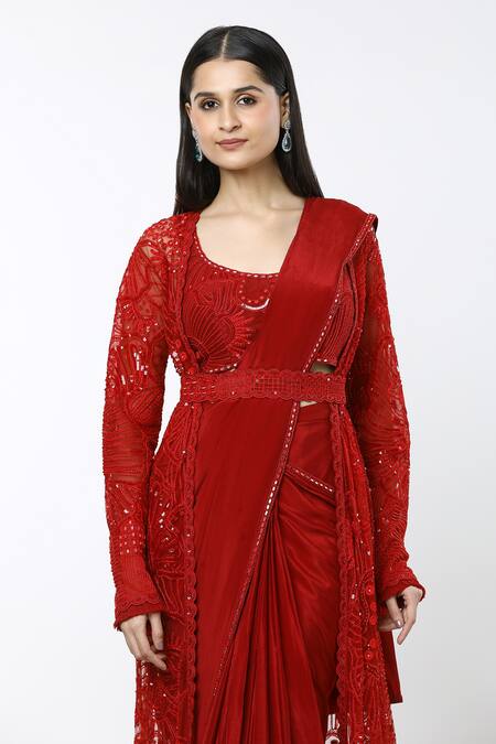 Shop_Mishru_Red Crepe, Tulle Mirrors, Embroidery Sea Coral Saree Set With Samantha Jacket _Online_at_Aza_Fashions