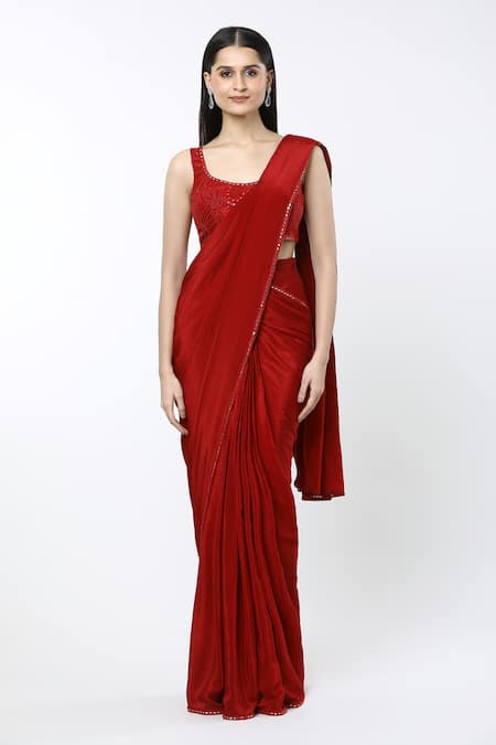 Buy_Mishru_Red Crepe, Tulle Mirrors, Embroidery Sea Coral Saree Set With Samantha Jacket 