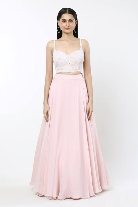 Mishru_Pink Georgette, Silk Embroidery Open Neck, Delilah Sea Coral Jacket Lehenga Set _Online_at_Aza_Fashions