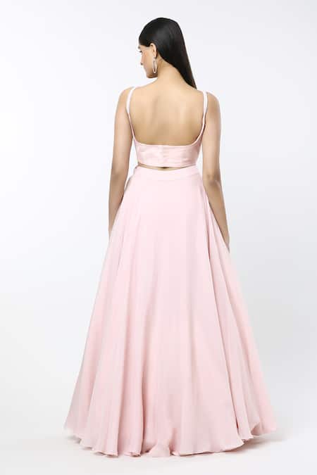 Buy_Mishru_Pink Georgette, Silk Embroidery Open Neck, Delilah Sea Coral Jacket Lehenga Set _Online_at_Aza_Fashions