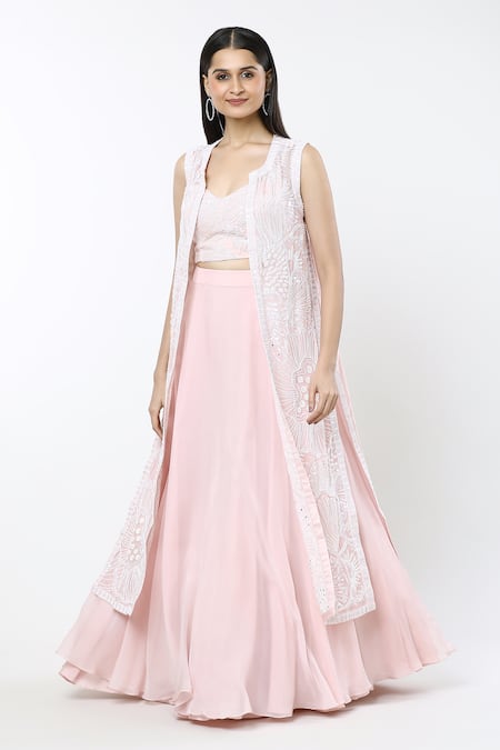 Shop_Mishru_Pink Georgette, Silk Embroidery Open Neck, Delilah Sea Coral Jacket Lehenga Set _Online_at_Aza_Fashions