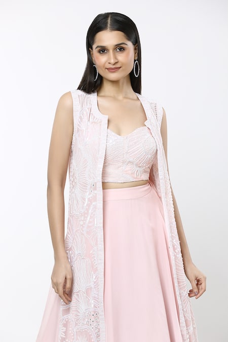 Mishru_Pink Georgette, Silk Embroidery Open Neck, Delilah Sea Coral Jacket Lehenga Set _at_Aza_Fashions