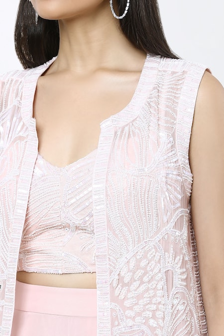 Buy_Mishru_Pink Georgette, Silk Embroidery Open Neck, Delilah Sea Coral Jacket Lehenga Set 