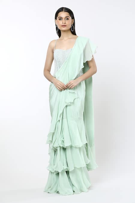 Mishru Noemi Ruffle Pre-Draped Saree With Corset 