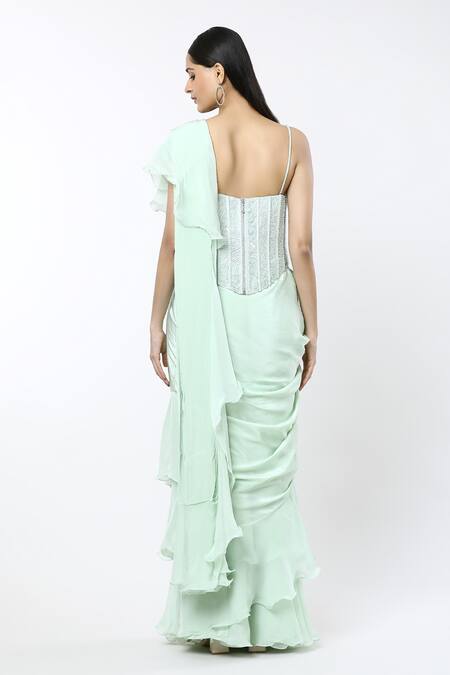 Shop Mishru Green Crepe, Organza, Tulle Noemi Ruffle Pre-draped Saree With Corset at Aza Fashions Shop_Mishru_Green Crepe, Organza, Tulle Noemi Ruffle Pre-draped Saree With Corset_at_Aza_Fashions