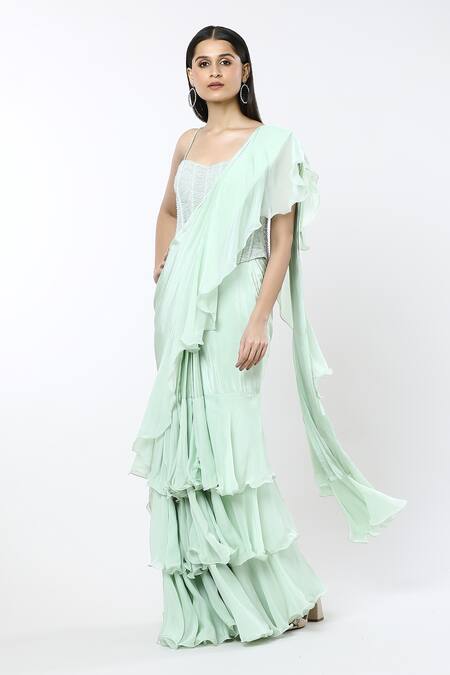 Mishru Green Crepe, Organza, Tulle Noemi Ruffle Pre-draped Saree With Corset Online at Aza Fashions Mishru_Green Crepe, Organza, Tulle Noemi Ruffle Pre-draped Saree With Corset_Online_at_Aza_Fashions
