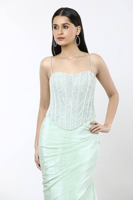 Shop Mishru Green Crepe, Organza, Tulle Noemi Ruffle Pre-draped Saree With Corset Online at Aza Fashions Shop_Mishru_Green Crepe, Organza, Tulle Noemi Ruffle Pre-draped Saree With Corset_Online_at_Aza_Fashions