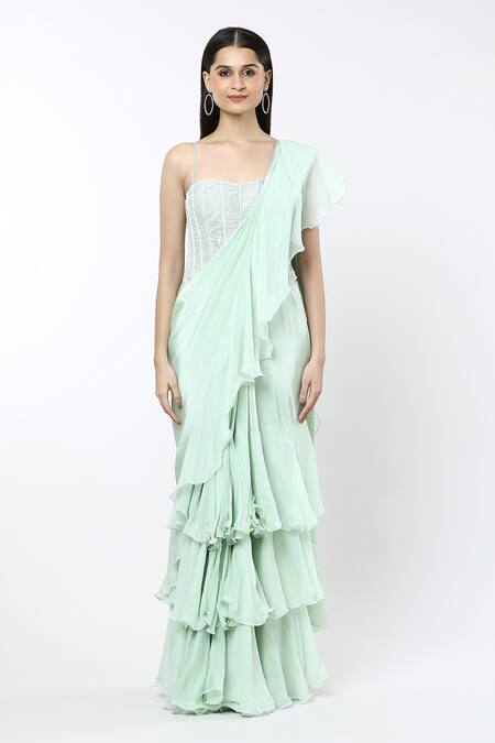 Mishru Green Crepe, Organza, Tulle Noemi Ruffle Pre-draped Saree With Corset at Aza Fashions Mishru_Green Crepe, Organza, Tulle Noemi Ruffle Pre-draped Saree With Corset_at_Aza_Fashions