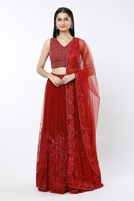 Mishru Ara Sea Coral Embroidered Pleated Lehenga Set 