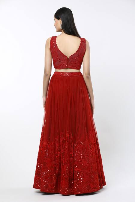 Shop Mishru Red Tulle Sequins, Embroidery V-neck Ara Sea Coral Pleated Lehenga Set at Aza Fashions Shop_Mishru_Red Tulle Sequins, Embroidery V-neck Ara Sea Coral Pleated Lehenga Set_at_Aza_Fashions
