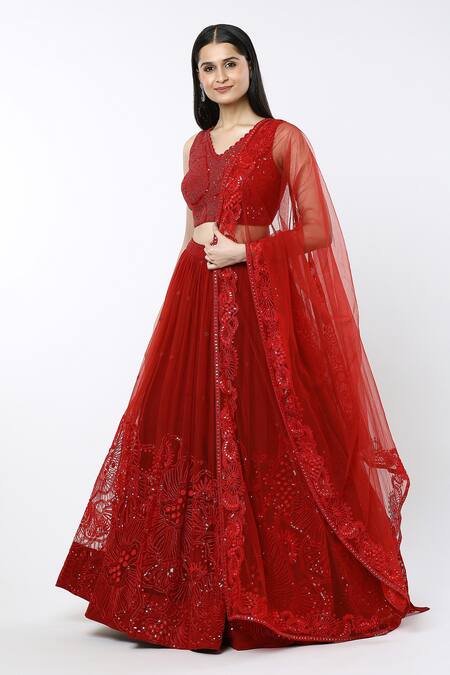 Mishru Red Tulle Sequins, Embroidery V-neck Ara Sea Coral Pleated Lehenga Set Online at Aza Fashions Mishru_Red Tulle Sequins, Embroidery V-neck Ara Sea Coral Pleated Lehenga Set_Online_at_Aza_Fashions