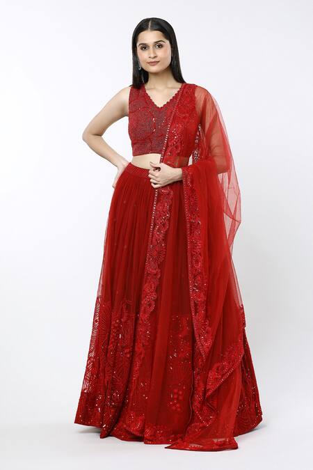 Buy Mishru Red Tulle Sequins, Embroidery V-neck Ara Sea Coral Pleated Lehenga Set Online at Aza Fashions Buy_Mishru_Red Tulle Sequins, Embroidery V-neck Ara Sea Coral Pleated Lehenga Set_Online_at_Aza_Fashions