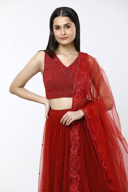 Shop Mishru Red Tulle Sequins, Embroidery V-neck Ara Sea Coral Pleated Lehenga Set Online at Aza Fashions Shop_Mishru_Red Tulle Sequins, Embroidery V-neck Ara Sea Coral Pleated Lehenga Set_Online_at_Aza_Fashions