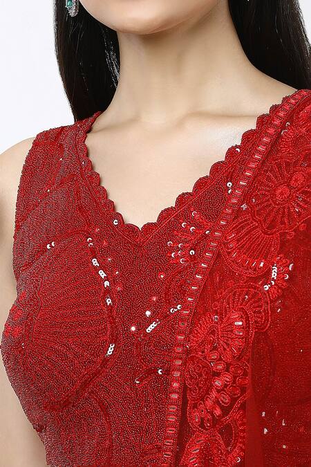 Mishru Red Tulle Sequins, Embroidery V-neck Ara Sea Coral Pleated Lehenga Set at Aza Fashions Mishru_Red Tulle Sequins, Embroidery V-neck Ara Sea Coral Pleated Lehenga Set_at_Aza_Fashions