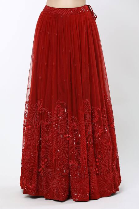 Buy Mishru Red Tulle Sequins, Embroidery V-neck Ara Sea Coral Pleated Lehenga Set Buy_Mishru_Red Tulle Sequins, Embroidery V-neck Ara Sea Coral Pleated Lehenga Set