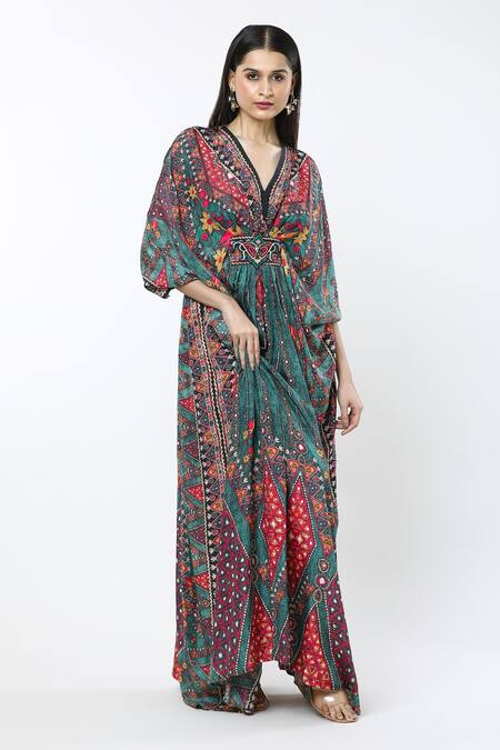 Rajdeep Ranawat_Multi Color Embroidery V-neck Kutch Printed Kaftan _Online_at_Aza_Fashions
