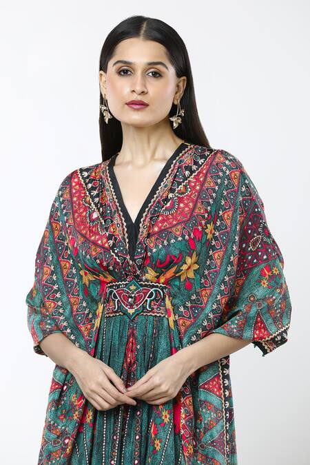 Buy_Rajdeep Ranawat_Multi Color Embroidery V-neck Kutch Printed Kaftan _Online_at_Aza_Fashions
